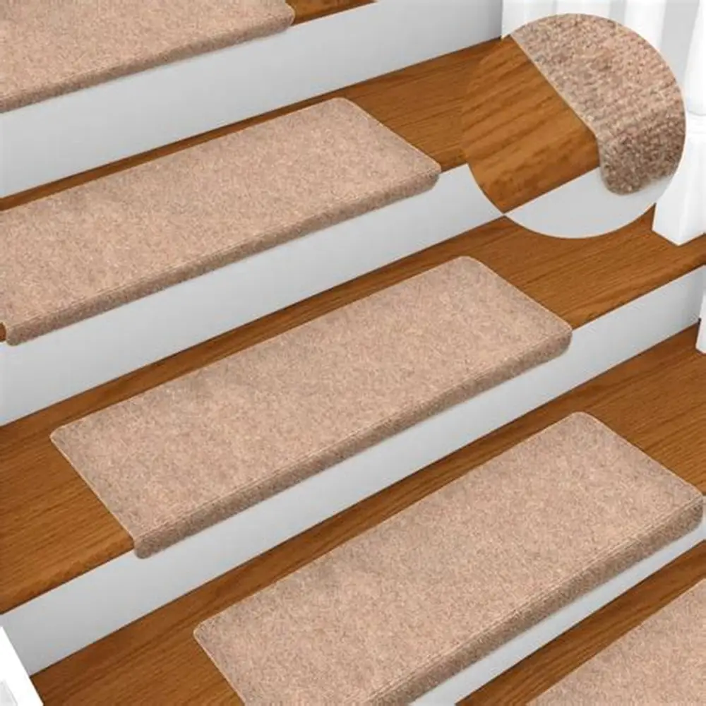 Beige shag carpet stair treads on wood stairs with detail inset showing texture
