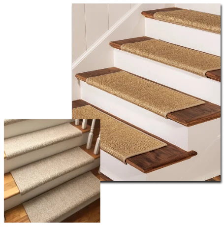 extured sisal and wool stair treads on wooden steps.