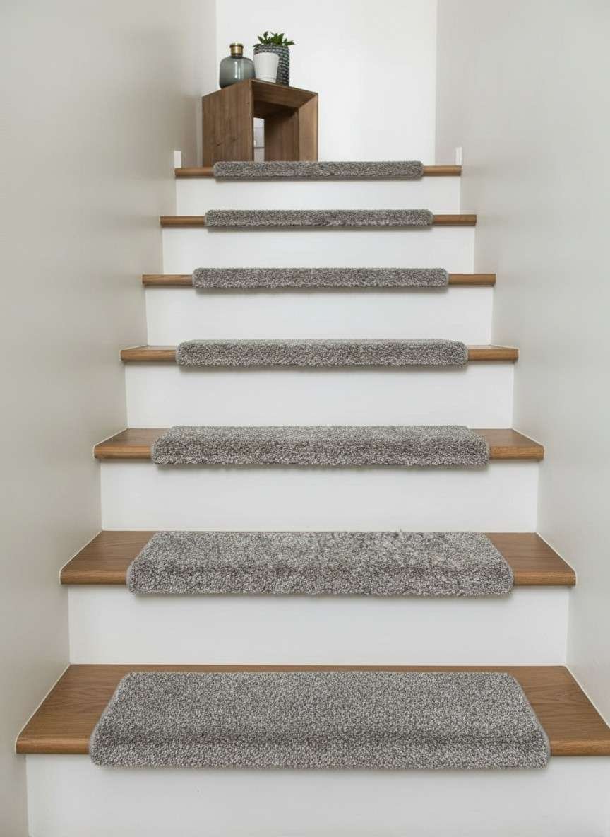 Light grey wool tread stair carpet