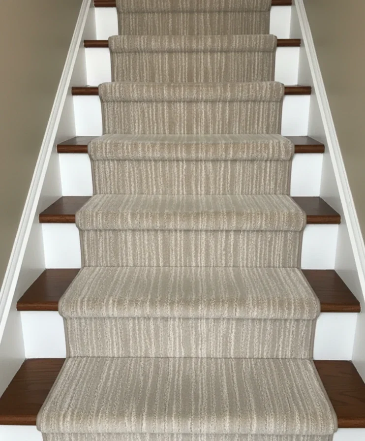 Close-up of a light beige textured carpet tread with a bullnose edge.